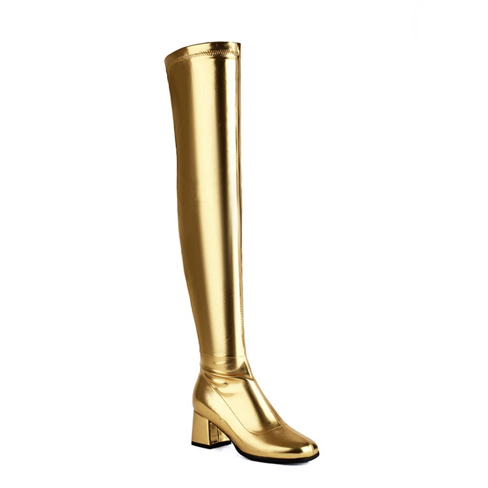 Women Over‑Knee Tall Boots 6.5cm Block Heel Side Zipper Fashion Boots 34‑48 Black Gold White Silver Brown K14
