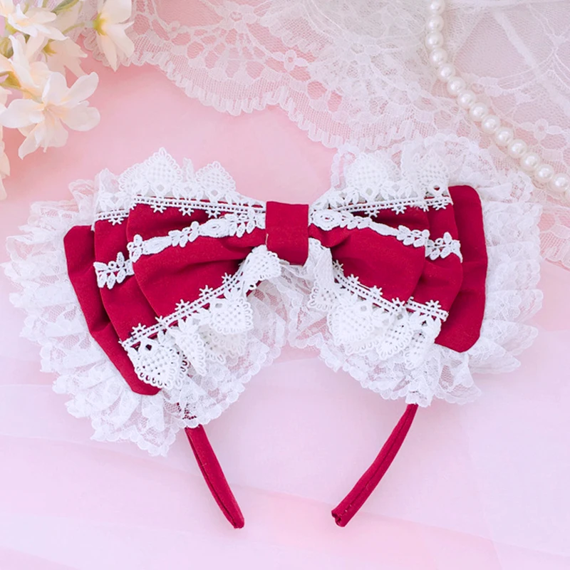 Kanten Hoofdband Lolita Gegolfde Hoofdtooi Haarversieringen Kawaii Drielaagse Strik Hoofddeksels Cosplay Party Hair Hoepel Accessoires