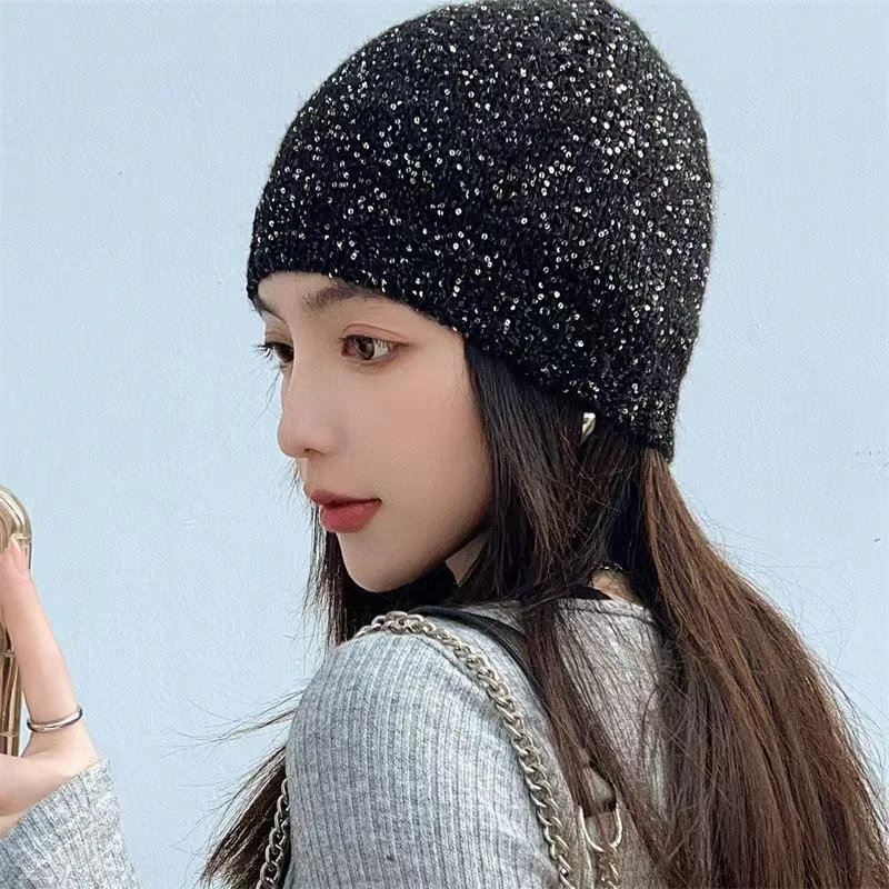 

Korean Style Spring Sumber Sequined Thin Party Hat Female Atmosphere Spice Girl Knitted Neck Strap Streamer with Beanie Hat