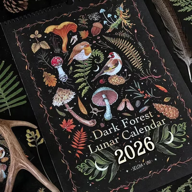 

Dark Forest Lunar Calendar 2026, Wall Calendar Colorful Waterink Wall Hanging Calendars with 12 Original Illustrations for Home