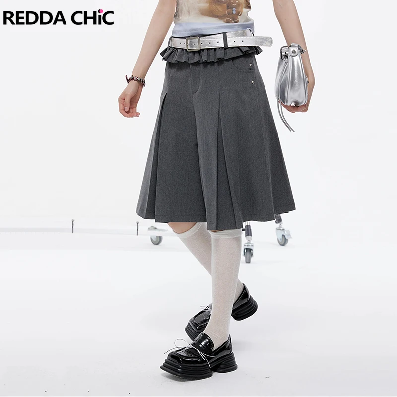 

REDDACHiC Dressy Casual Women's Pleated Shorts Ruffled Studed Wide Leg Pockets Bermuda Pants Culotte Elegant Work Summer Clothes