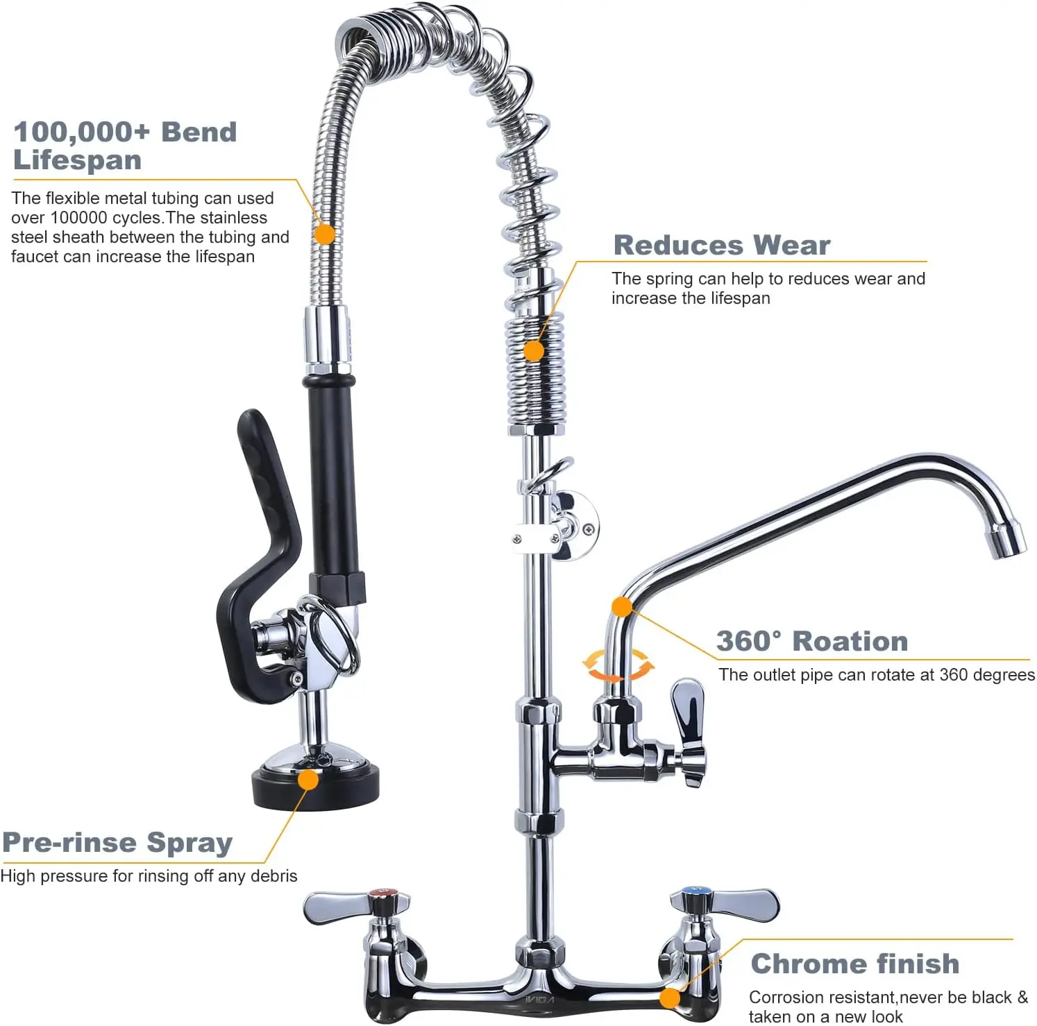 Kitchen Faucet Wall Mount with Pre-Rinse Sprayer 8 Inch Center Wall Mount Kitchen Sink Faucet with 9.6" Add-on Swing Spout