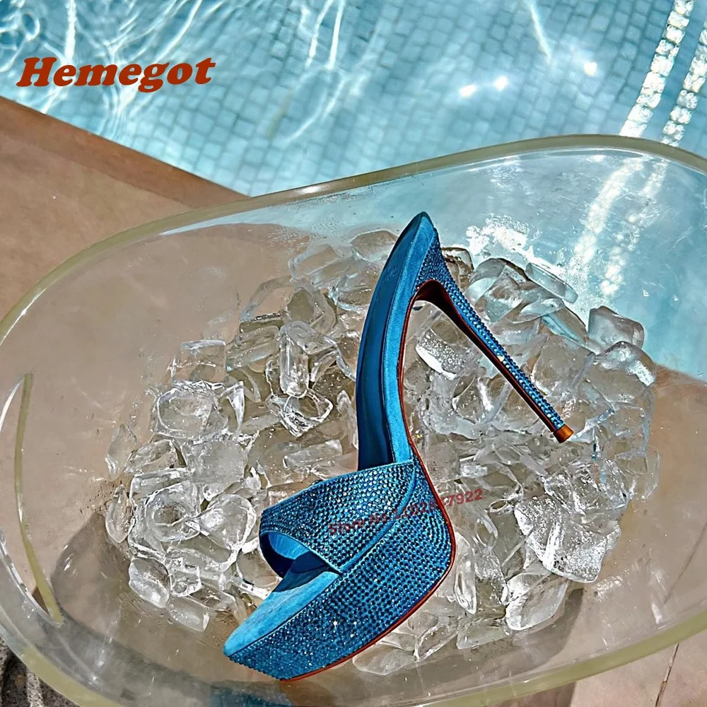 

Blue Rhinestones Platform Slippers Open Toe Slip On Stiletto Women's Mules Crystal Thin Super High Heels Party Wedding Shoes