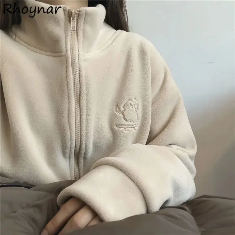 No Hat Hoodies Women Plus Velvet Thicker Ins Autumn Winter Zipper-up Couples Long Sleeve Loose Stand Collar Hoodie Warm Solid