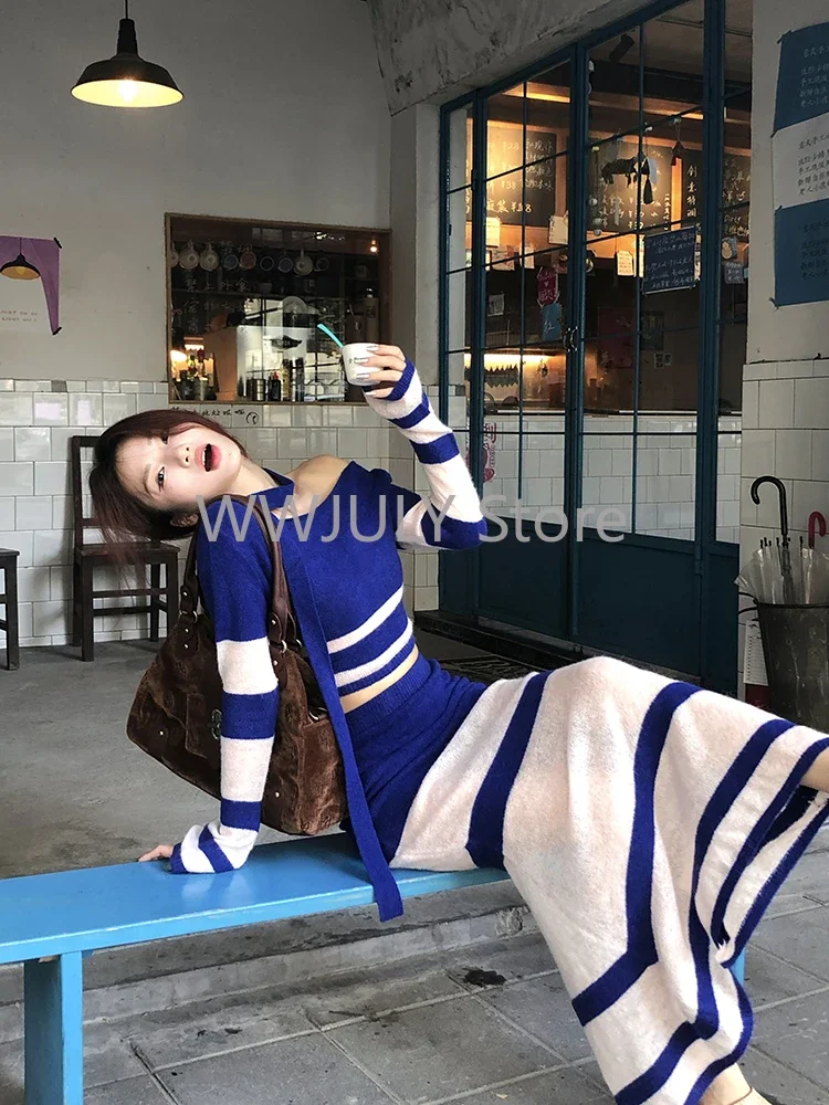 2024 New Blue Knitted Sets Women Korean Fashion Striped Suit Casual Y2k Crop Tops + Slim Bodycon Midi Skirt Elegant Chic