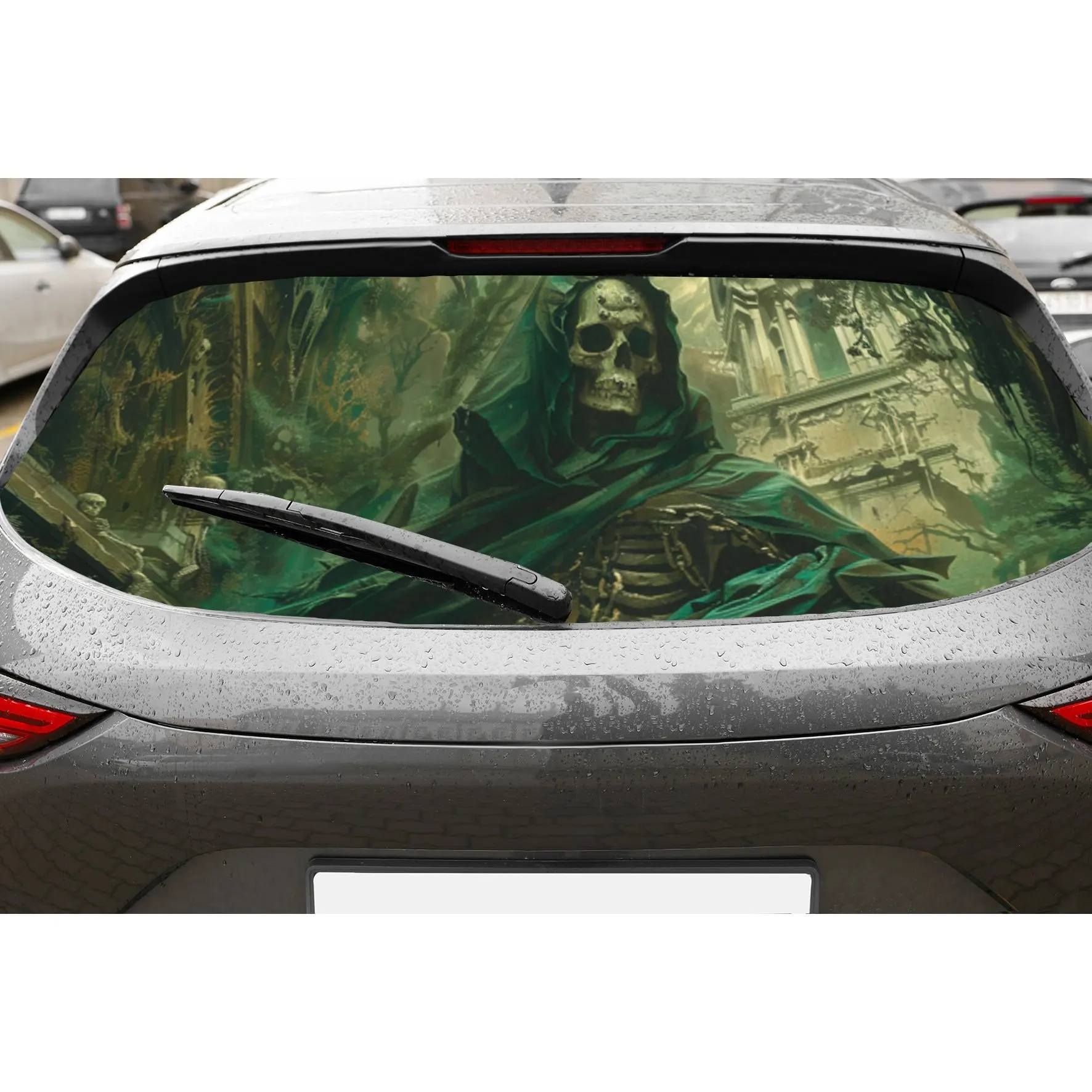 

Dark Evil Cloaked Green Skull PVC Perforated Car Vinyl Wraps, Privacy Enhancing Design for Rear Window, Car Rear Windshield Stic
