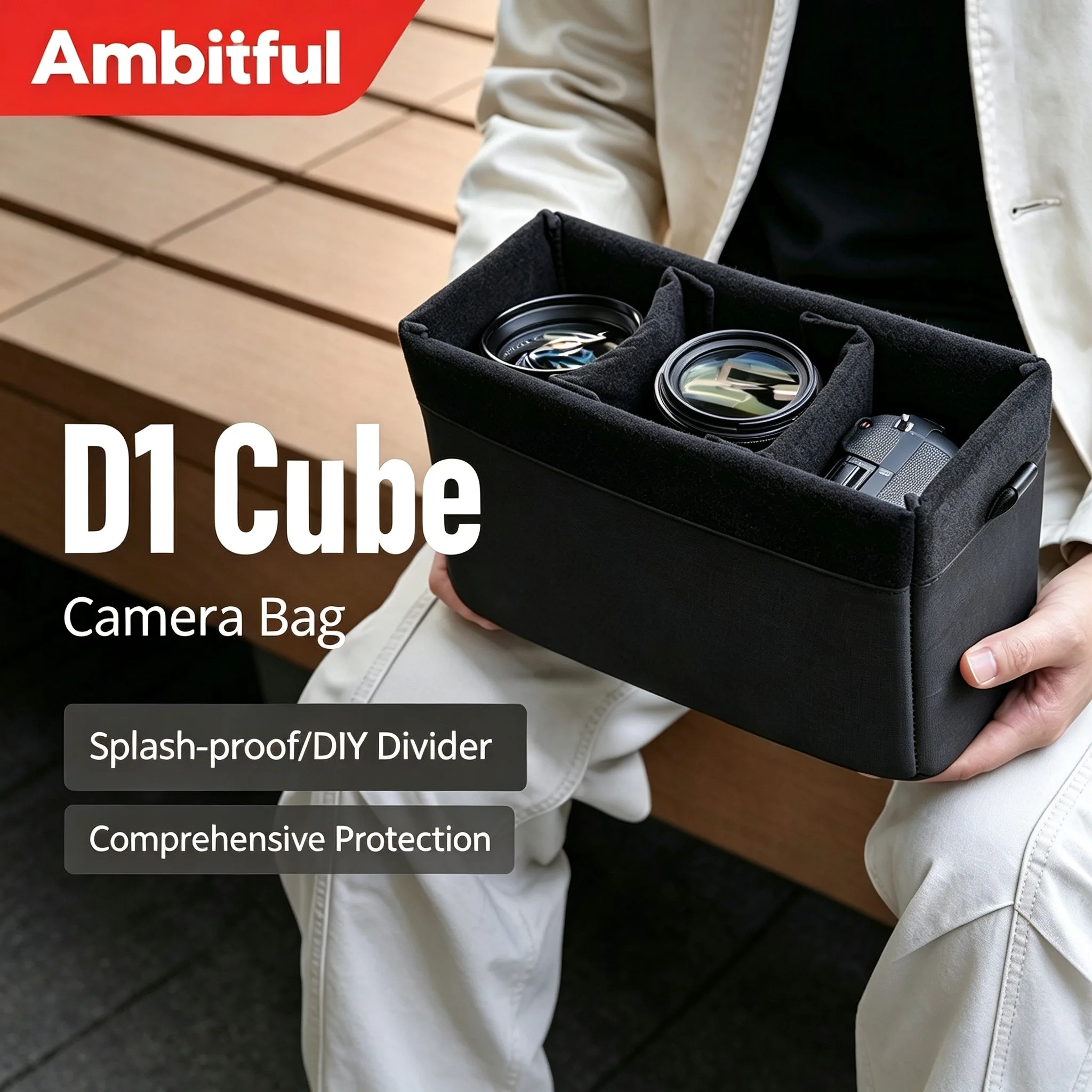 Sac intérieur pour appareil photo numérique Ambitful D1 Cube, sac pour objectif d'appareil photo, sac pour accessoires d'appareil photo reflex numérique, sac intérieur épais anti-chute