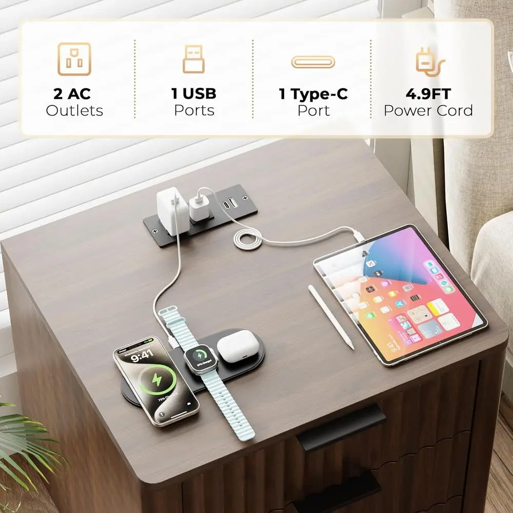 منضدة مخددة مع قاعدة شحن، طاولة بجانب السرير للتخزين متعددة الوظائف بثلاثة أدراج، منضدة حديثة من الخشب الصلب، P منحني