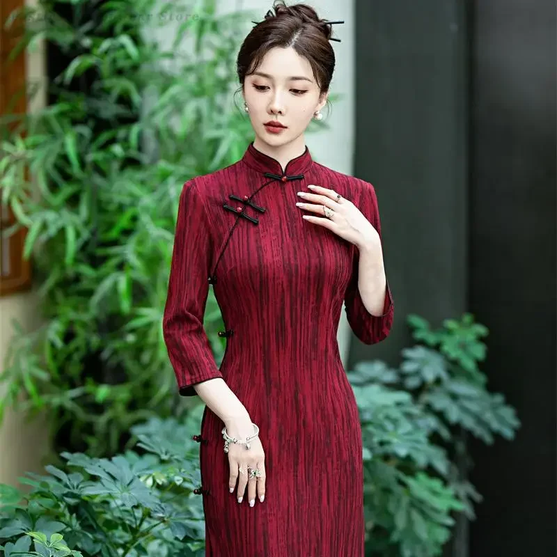 

Китайское платье Ципао для свадебной вечеринки, женское платье Cheongsam с улучшенным воротником-стойкой в стиле ретро, элегантное темпераментное платье для тостов, тонкое платье