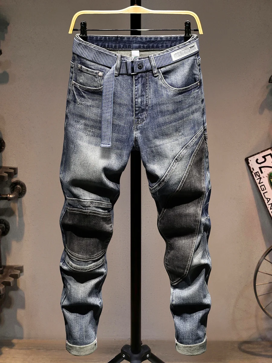

Модные джинсы в стиле пэчворк, мужские повседневные облегающие хлопковые эластичные длинные брюки, модные, универсальные, удобные, дышащие, прямого кроя