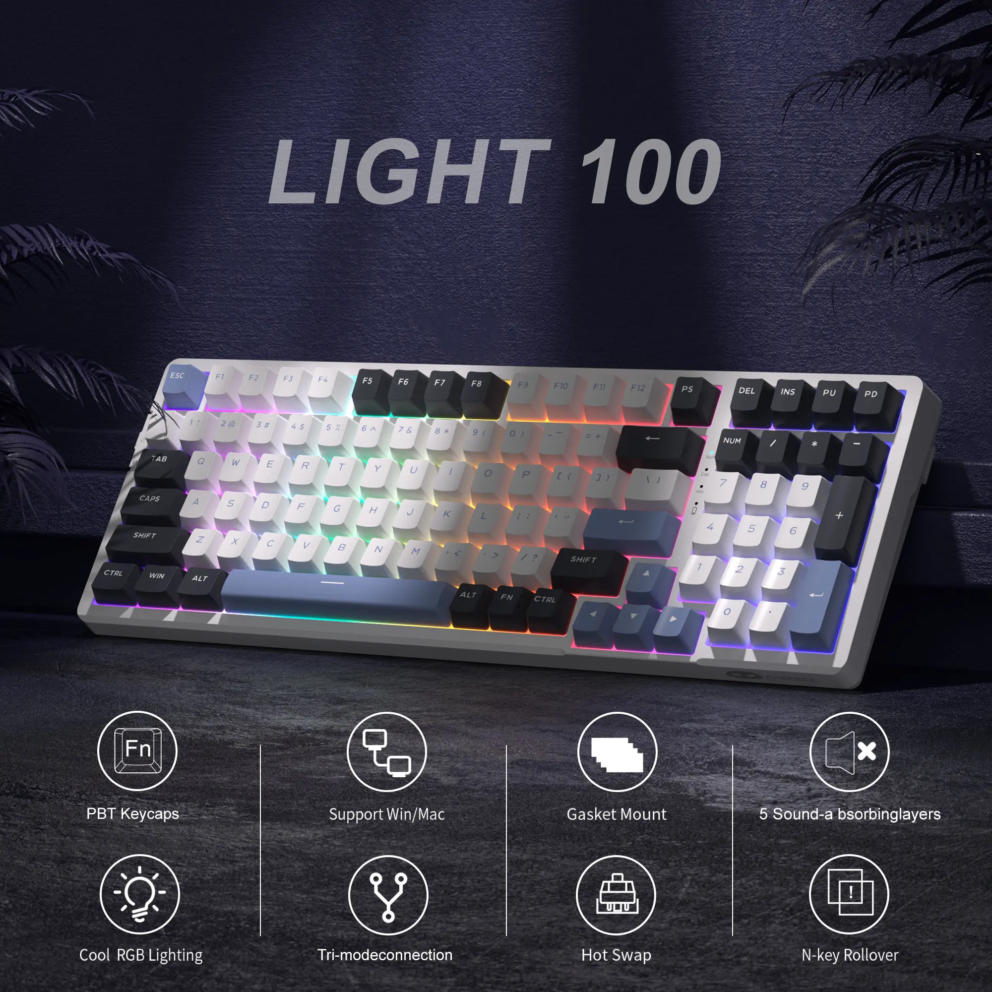 MageGee Light100 Wireless Hot-Swappable Mechanical Keyboard 2.4G/USB-C/Bluetooth 5.1 RGB Gasket 99 Keys Gaming Keyboard for PC T