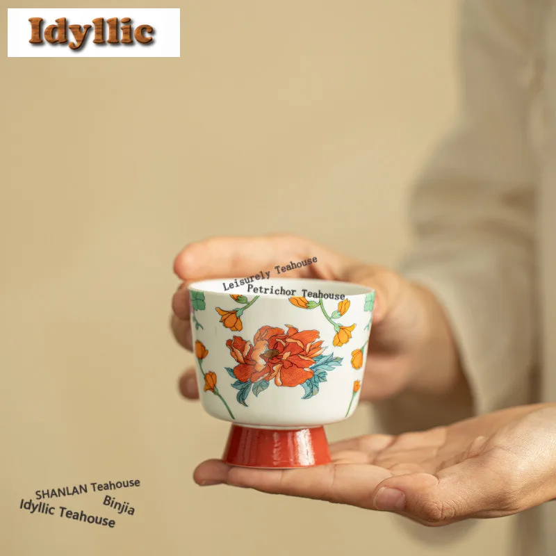 

120ml Hand-painted Peony High Foot Teacup Luxury Tea Bowl Sample Tea Cup Tea-tasting Fragrance Cup Chazhan Master Cups Tea Craft