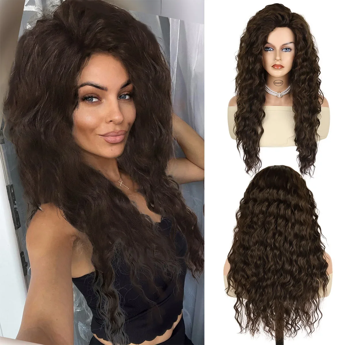 Premium Synthetic Wigs 28 Inches Long Brown Curly Wig for Woman Trendy Wavy Fake Hair Mixed Brown Ombre Highlights Long Wig Girl