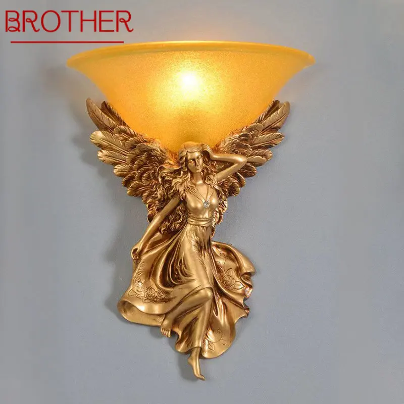 

BROTHER Modern Angel Gold Wall Lights LED Creative Vintage Resin Sconce Lamp for Home Living Room Bedroom Bedside Decor