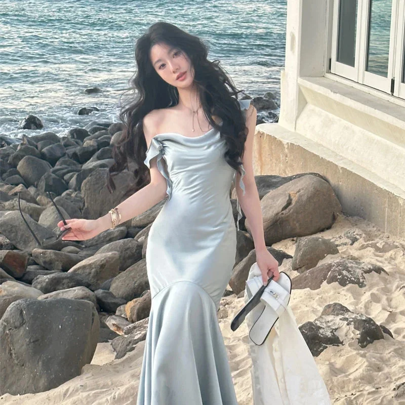 ElegantซาตินLotus Leaf Edge Midiชุดผู้หญิง 2025 ฤดูร้อนVINTAGE Casual PARTY Gowns PUREสีOne Piece Dresses