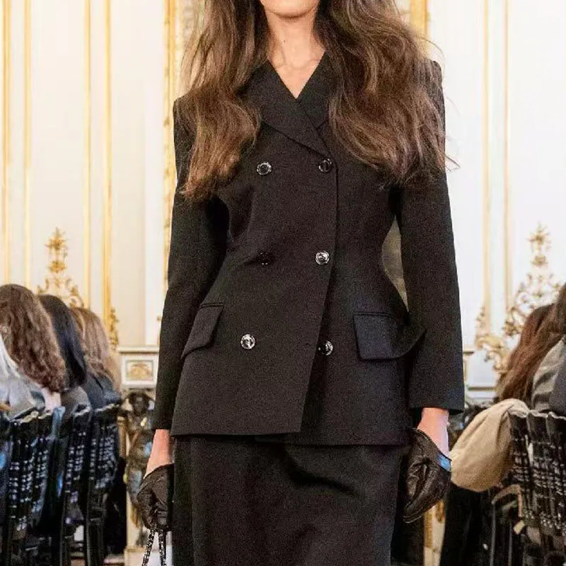 Women's Black Double-Breasted Blazer, Stylish and Versatile Long-Sleeve Notched-Collar Jacket, High-Quality Suit, 2026, New y2k