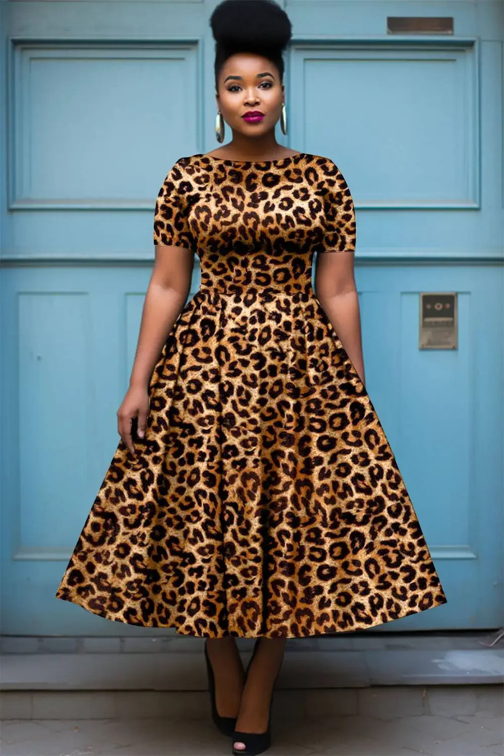 Vestido de talla grande con estampado de leopardo para mujer, cuello redondo, manga corta, corte en A, plisado, elegante, Vintage, vestidos de noche de calle 2025
