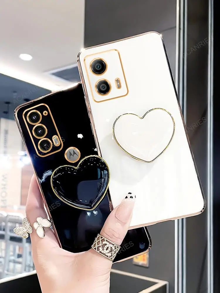 Luxury Love Heart Holder Case For Motorola Moto Edge 20 G53 G73 G82 G22 G52 G32 G23 G13 Stand Silicone Cover