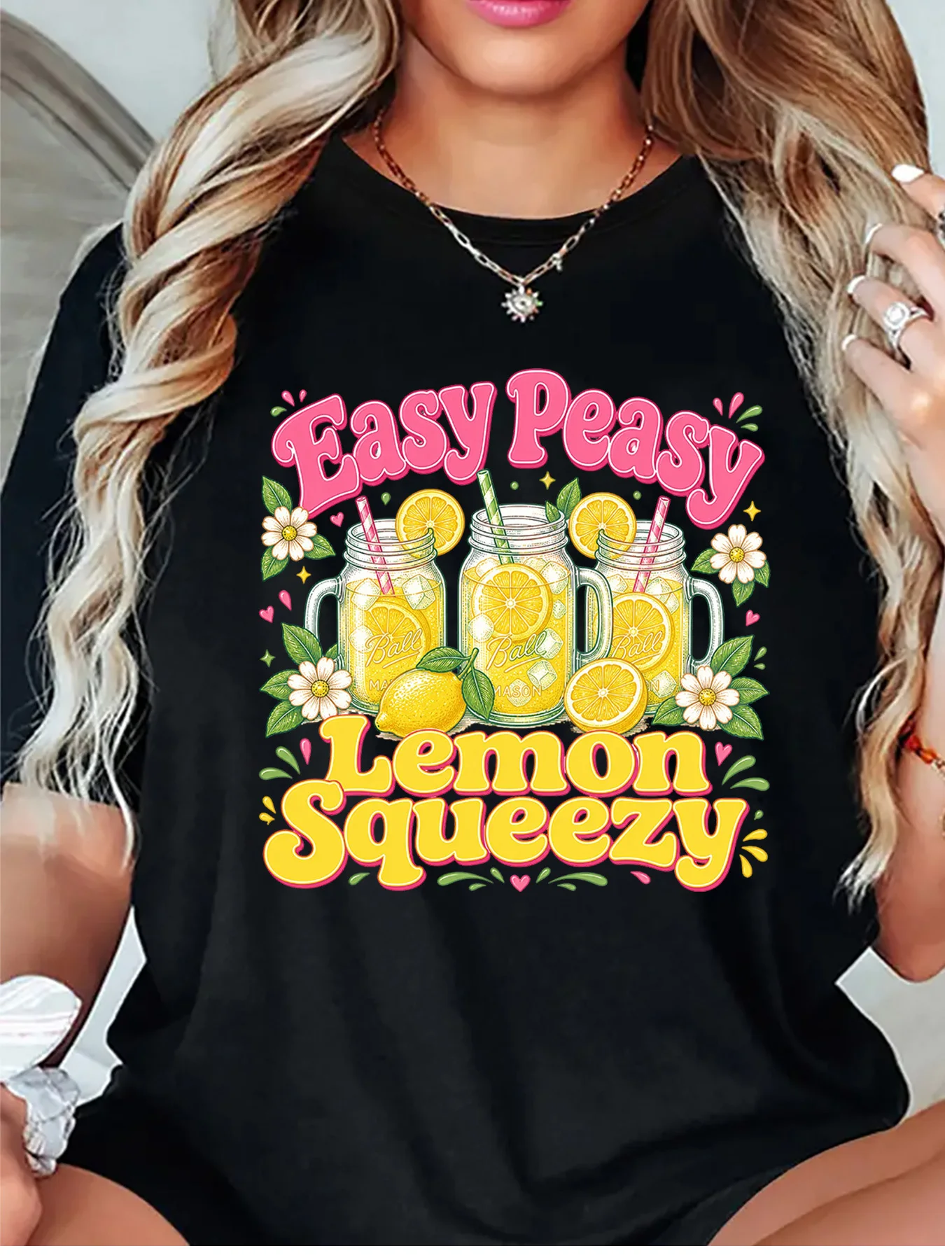 Retro Slogan Womens T Shirt Easy Peasy Lemon Squeezy Lemonade Jar Floral Graphic O Neck Short Sleeve Daily Casual Wear Tops