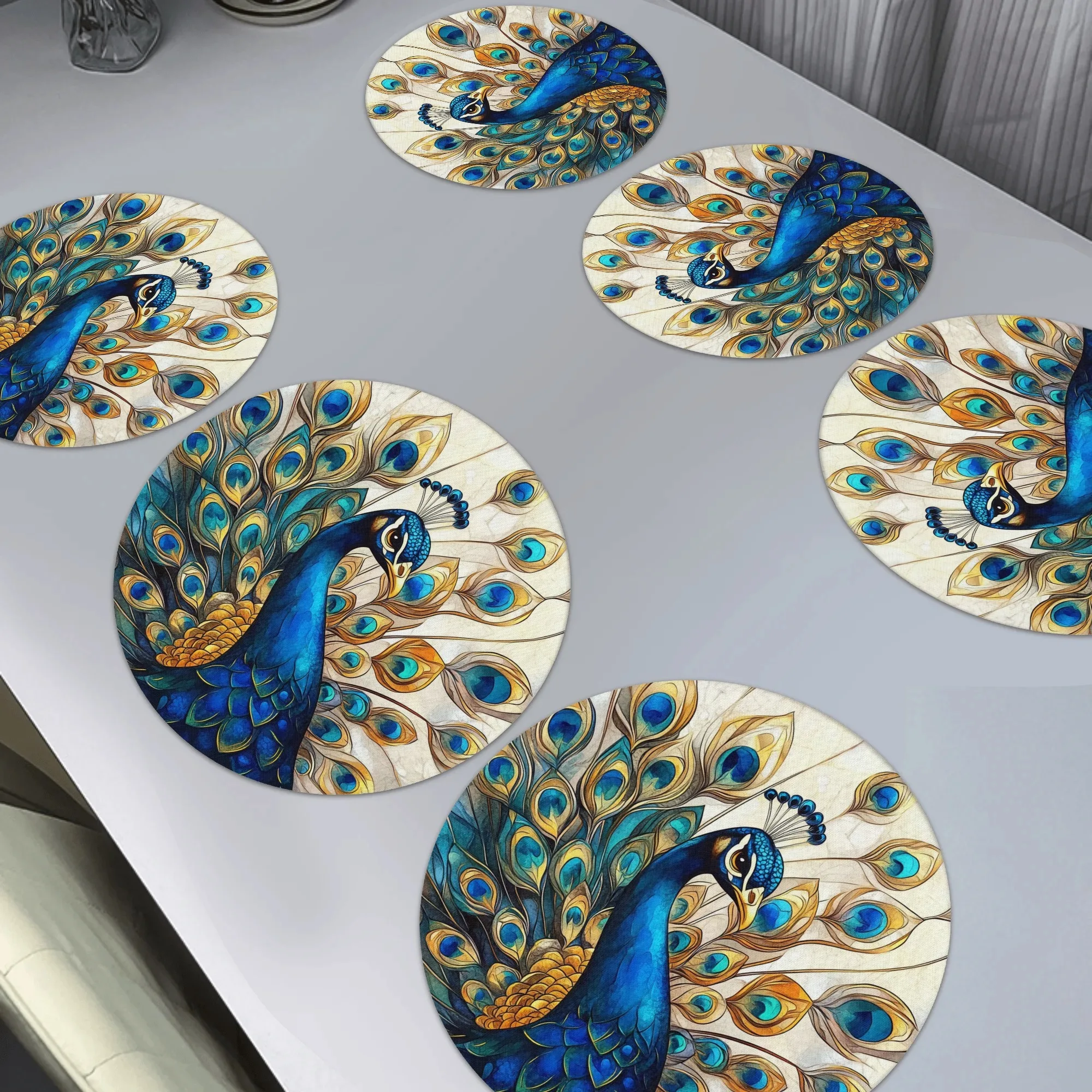VIKAMA 4PCS Bohemian Peacock Pattern Round Placemats Durable Machine Washable Non Slip Placemats Home Dining Table Decor