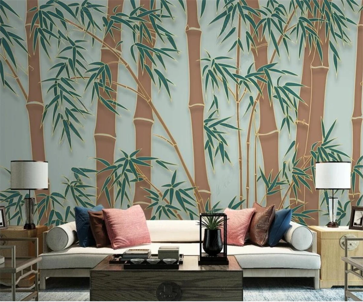 Custom mural wallpaper New Chinese style bamboo forest bamboo golden line TV background wall mural self-adhesive wallpaper