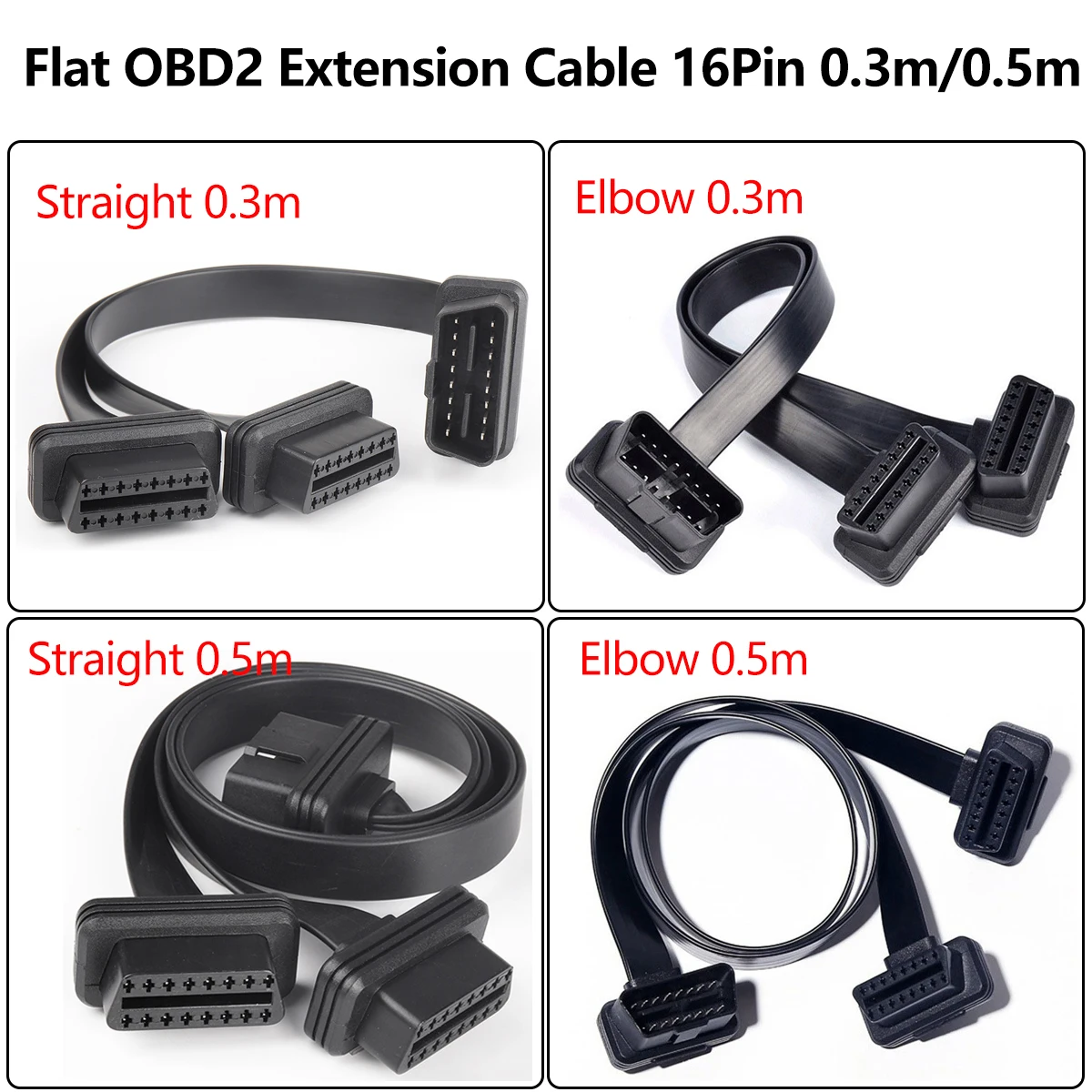 2 IN 1 Flat+Thin 16Pin OBD 2 Extender OBD2 16 Pin ELM327 Male To Dual Female Y Splitter Elbow OBDII Extension Connector Cable