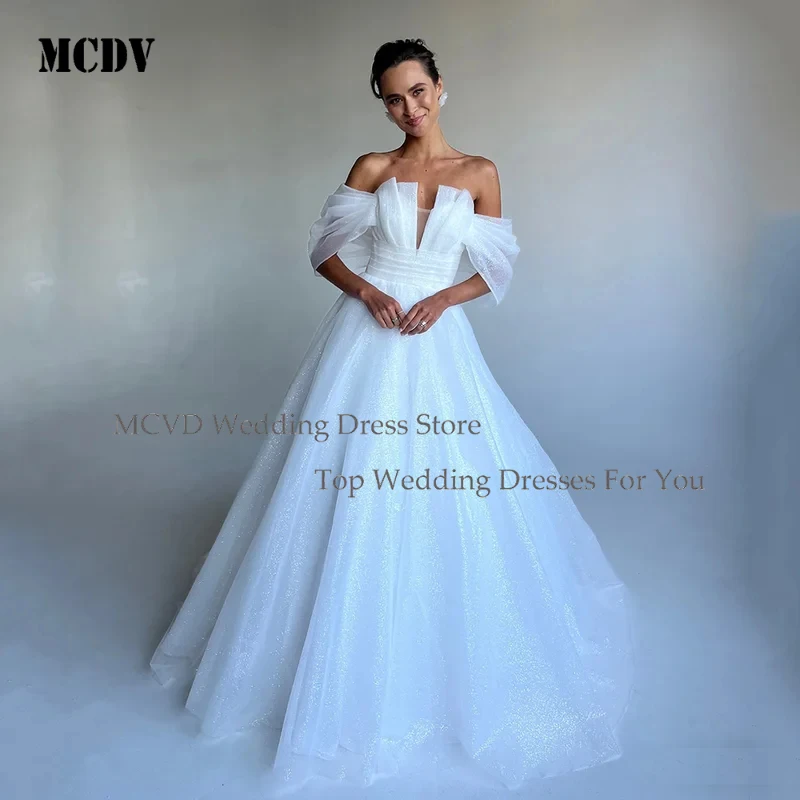 

MCDV 2025 Custom Glitter Wedding Dresses for Women Off Shoulder V Neck A Line Bridal Gown Sparkling Beaded Luxury