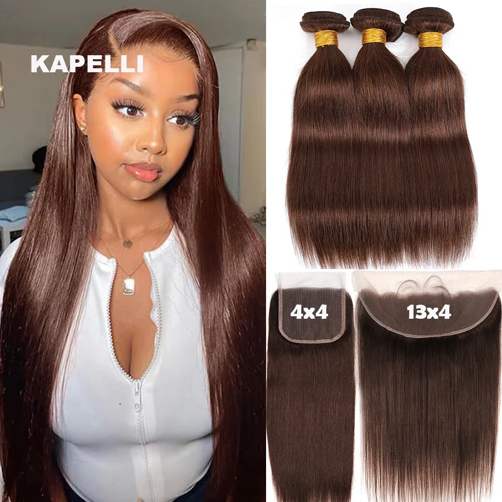 Bone Straight Human Hair Weave Bundle with Closure 4x4 13x4 Frontal Brazilian Brown Bundles 3/4 100% Remy Human Hair Extension