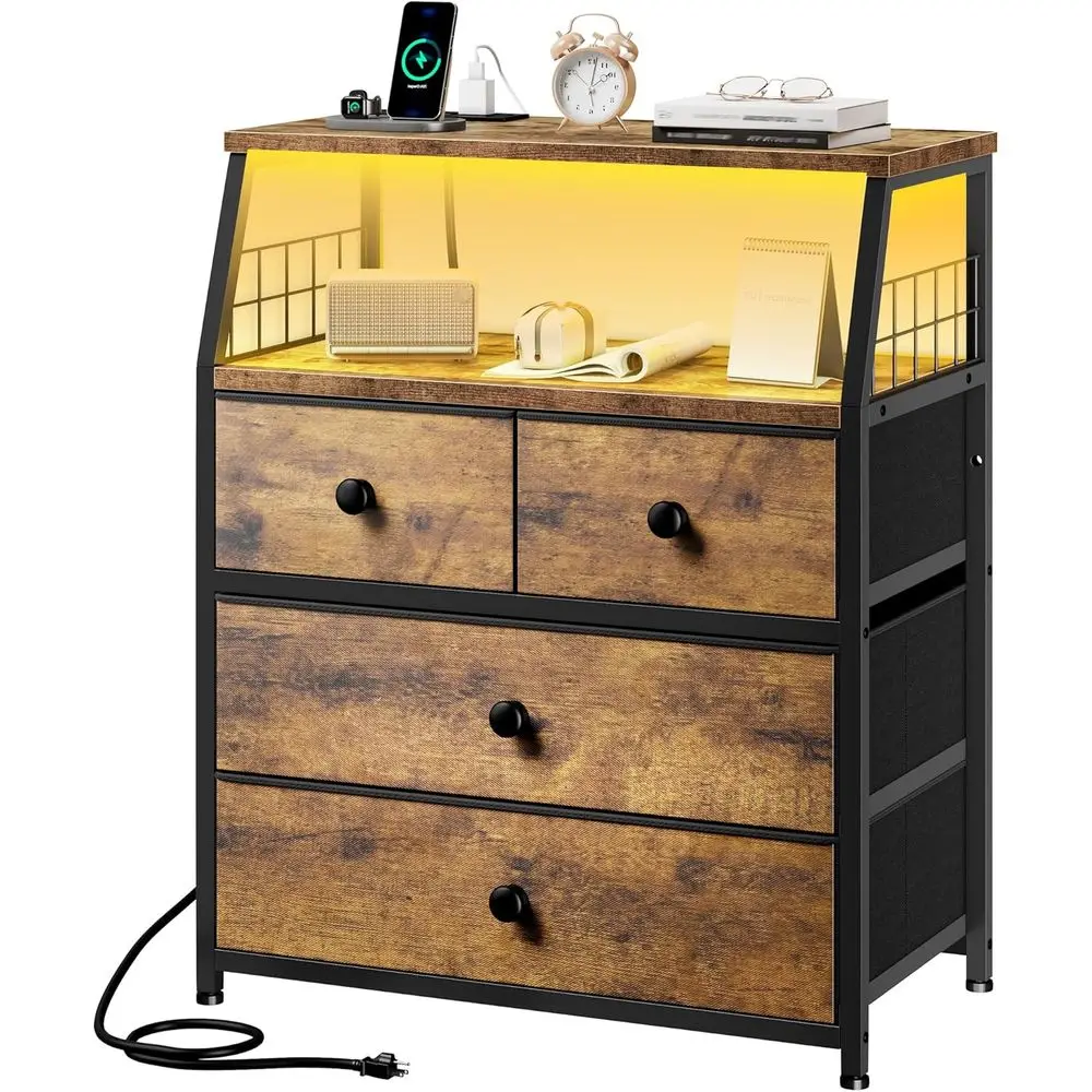 

Rustic Brown Wood Nightstand with Charging Station, LED Lights, and Fabric Drawers for Bedroom, Dorm, or Entryway