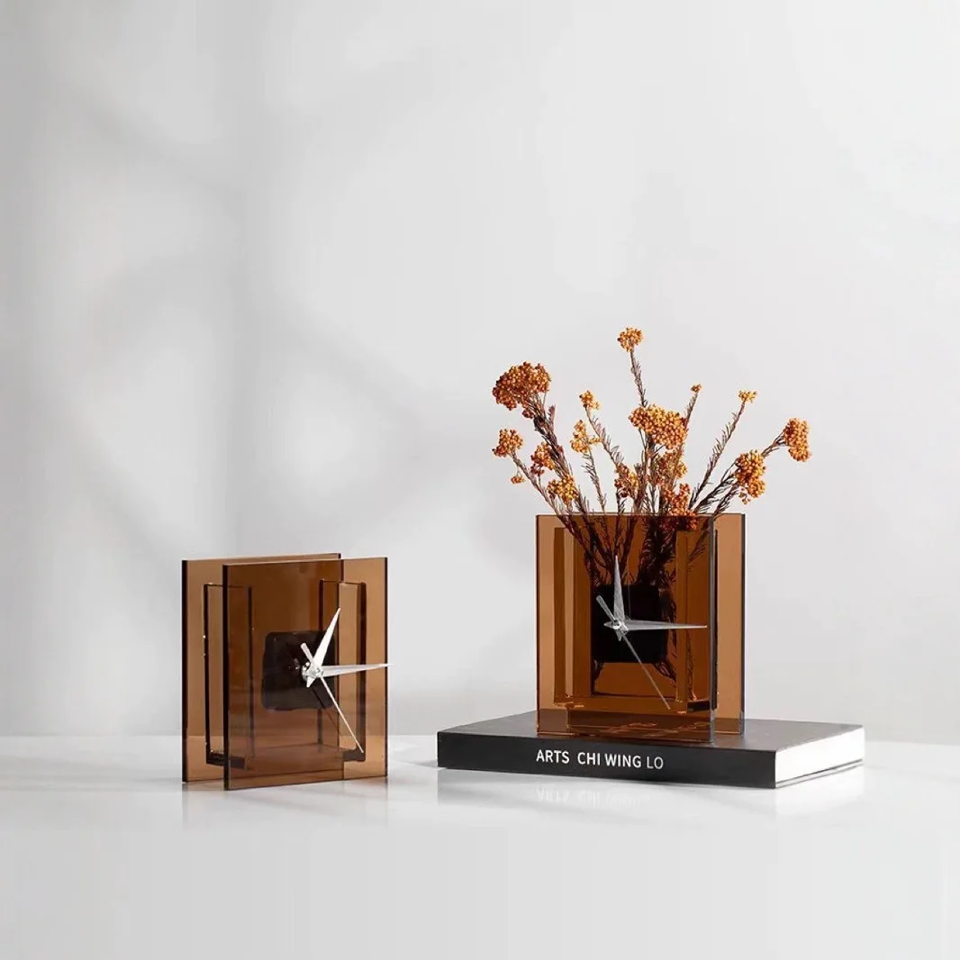 

Brown Grey Insertable Dried Flower Vase Table Clock Modern Minimalist Wine Cabinet Decoration 14x 6x 16cm Desktop Decoration Lig