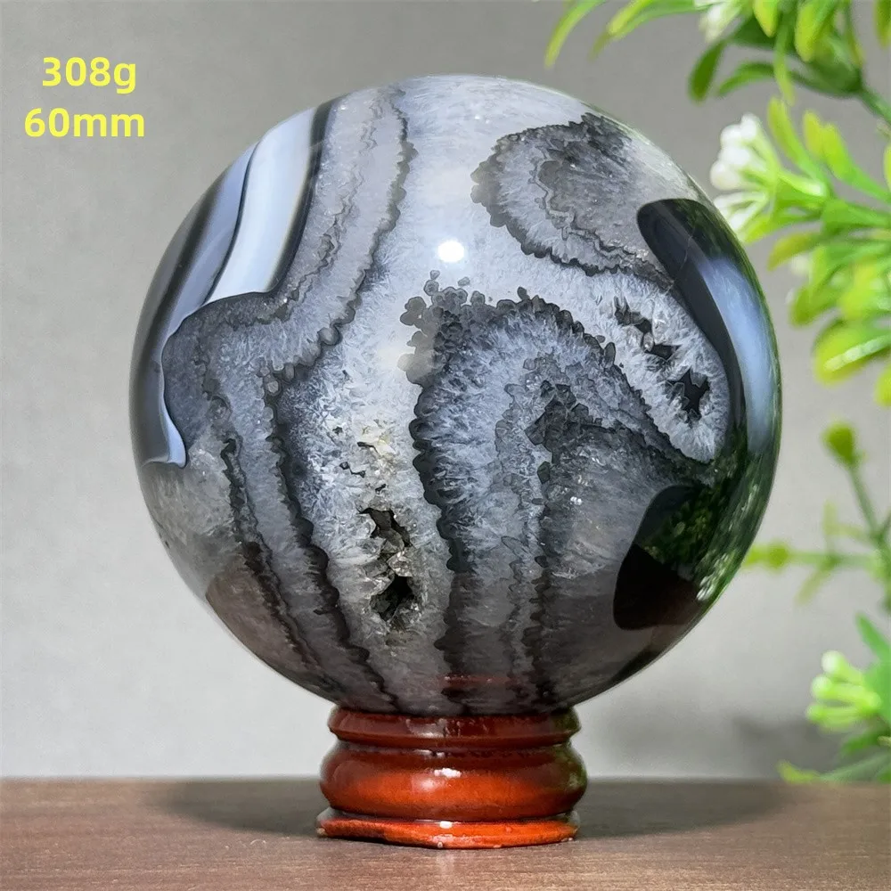 Natural Black Agate Mineral Quartz Ball Aura Treatment Witchcraft Chakra Divination Energy Home Feng Shui Decorative Gift+Base view 3