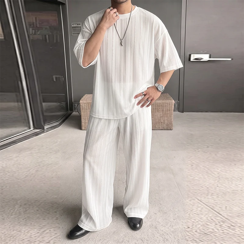 INCERUN Men's Sets Striped See Through Short Sleeve T Shirt Pants Two Piece Sets Streetwear Loose 2026 Fashion Men Matching Sets
