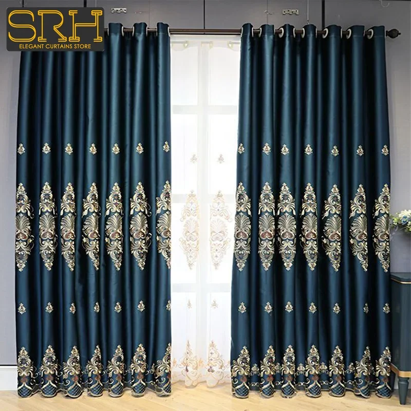 European Luxury Blackout Curtains for Living Room Bedroom High-end High-precision Window Decor Custom Blue Embroidered Tulle