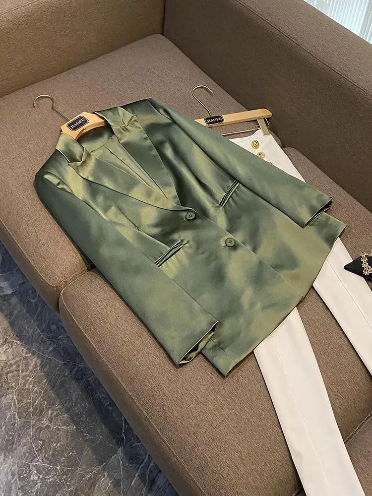 

Glossy Acetate Wide Shoulder Tailored Jacket Fashionable Single Button Loose Fit Commute Style Long Sleeve Color Coat