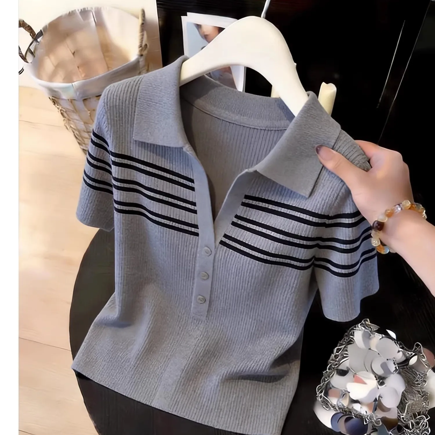 

Женская вязаная футболка с коротким рукавом в полоску, летний топ в повседневном стиле, дышащая, приятная к телу, стандартный крой, весна 2026