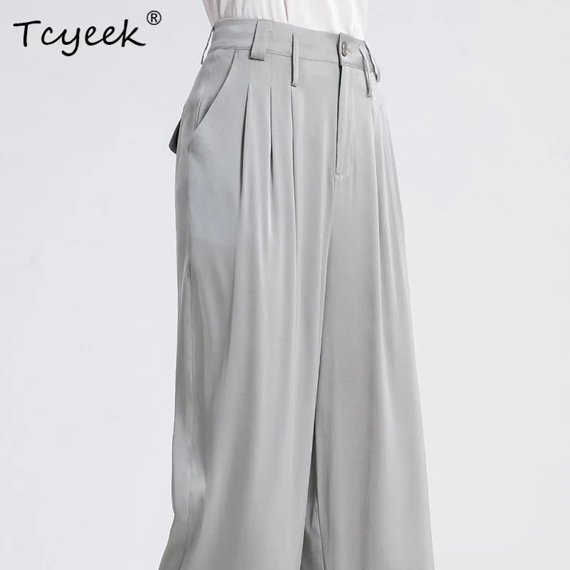 Tcyeek 95% Seda Mulberry 5% LICRA Pantalones anchos Mujer Cintura alta Adelgazante Pierna recta Gris Negro Pantalones largos de mujer Commer