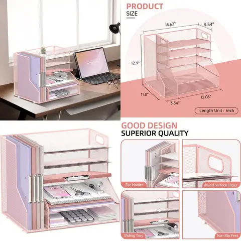 ถาดใส่เอกสารแบบตาข่าย 5 ชั้น สีชมพู พร้อมที่ใส่หนังสือพิมพ์และที่จัดระเบียบบนโต๊ะทำงาน สำหรับเก็บอุปกรณ์สำนักงาน อุปกรณ์เสริมบนโต๊ะที่เหมาะอย่างยิ่ง