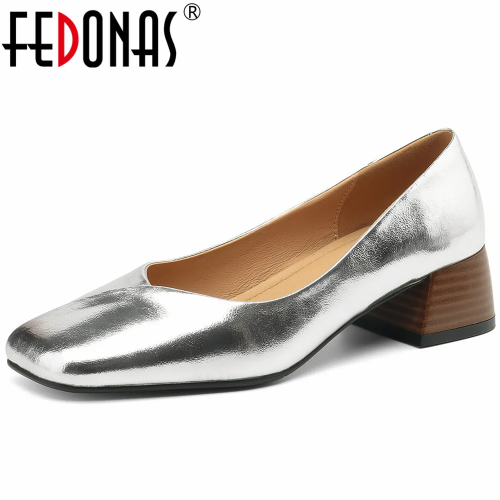 

FEDONAS Women Pumps Thick Heels Concise Spring Summer Square Toe Genuine Leather Basic Office Lady Working Pumps Shoes Woman New