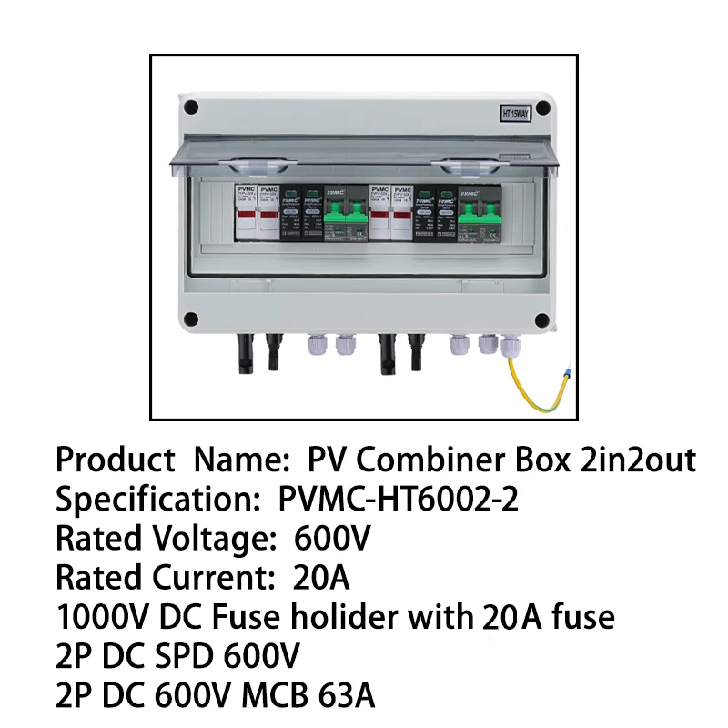 2 in 2 uit DC 600V zonne-energie fotovoltaïsche PV-combinatiebox met bliksembeveiliging 32A zekering MCB SPD waterdicht IP65 distributie