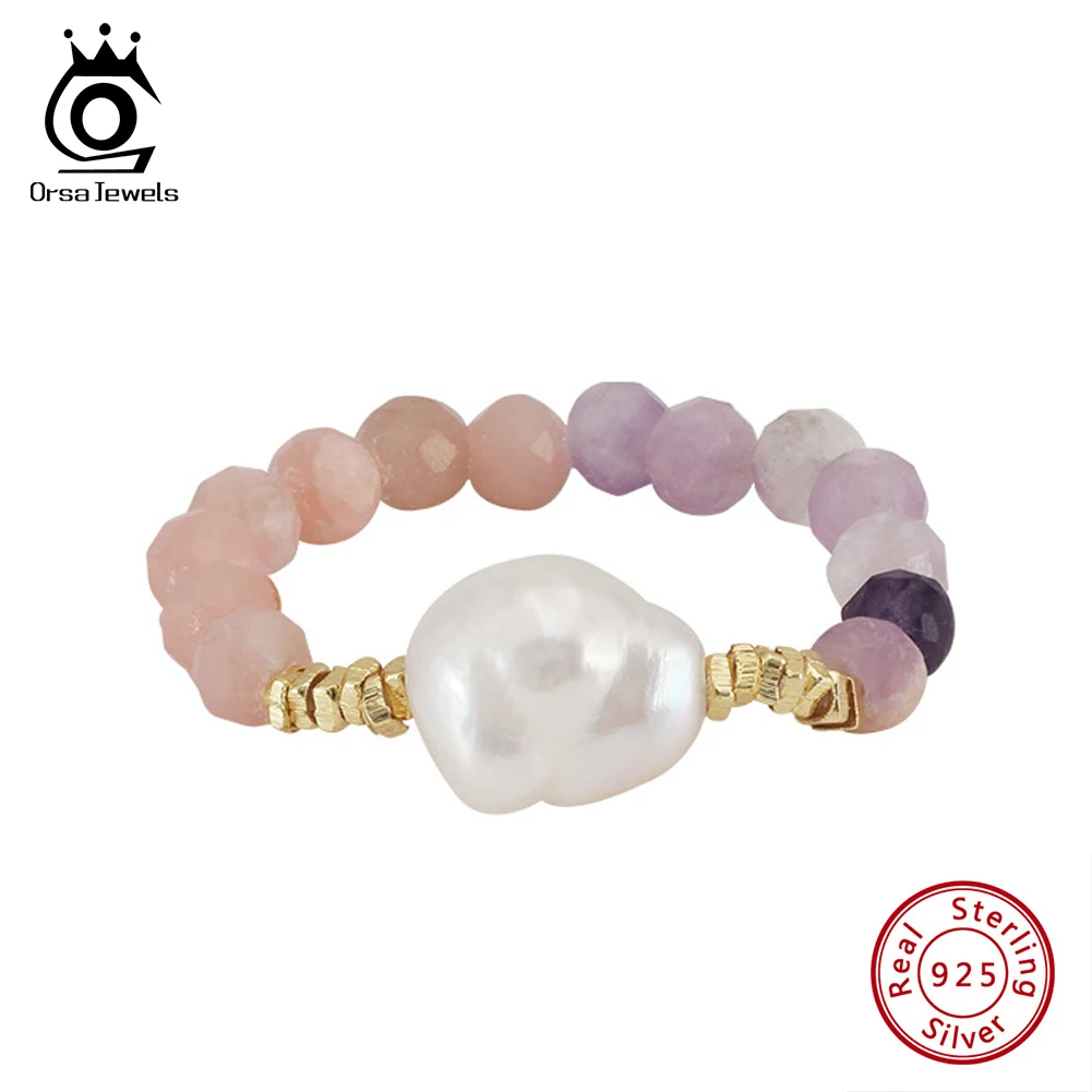 ORSA JEWELS Sweet Pink Opal Stretch Ring with Baroque Pearl 925 Silver Adjustable Purple Mica Classic Ladies Jewelry MPR02