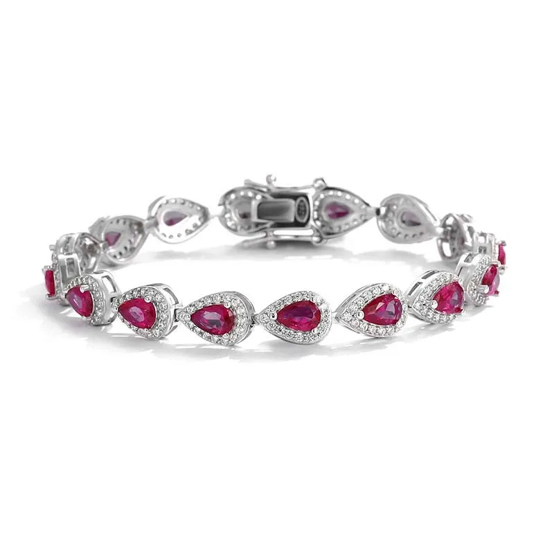 

Pear Cut Lab Grown Ruby Chain Bracelet for Women 925 Sterling Silver Red Gemstone Link Bracelets Bangle Platinum Plated Gift