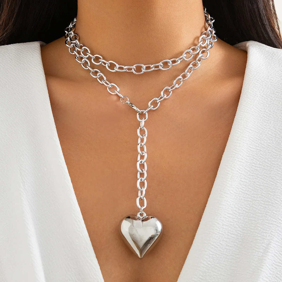 Exaggerated Long Heart-Shaped Pendant Necklace Bracelet Set