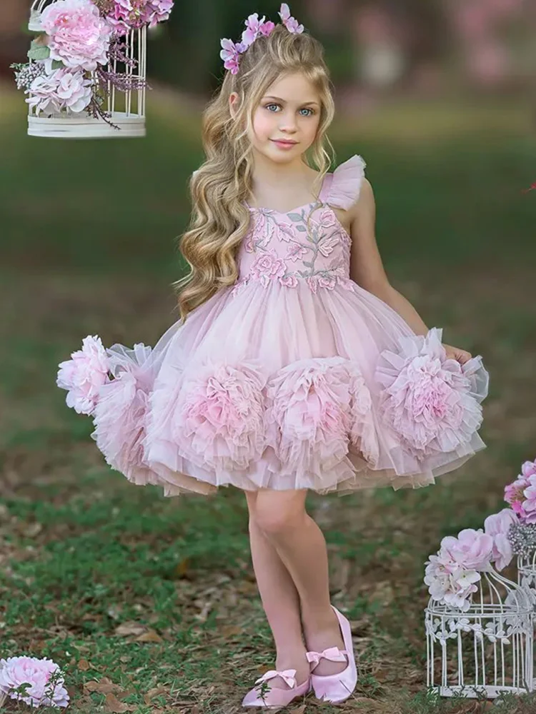 Pink Flower Girl Dresses Tulle Puffy Appliques With Flowers Sleeveless For Wedding Birthday Party First Communion Gowns