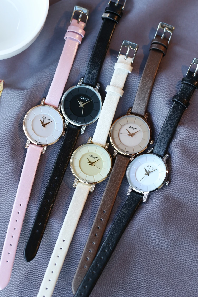 بيع يوليوس سيدة ساعة معصم نسائية أنيقة حجر الراين القلب ساعات الموضة فستان سوار جلد فتاة هدية لا صندوق #4