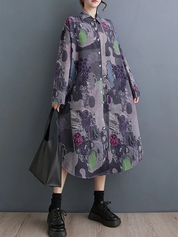 

Women Casual Long Dress New Arrival 2023 Autumn Vintage Style Turn-down Collar Print Loose Female A-line Shirt Dresses B3170