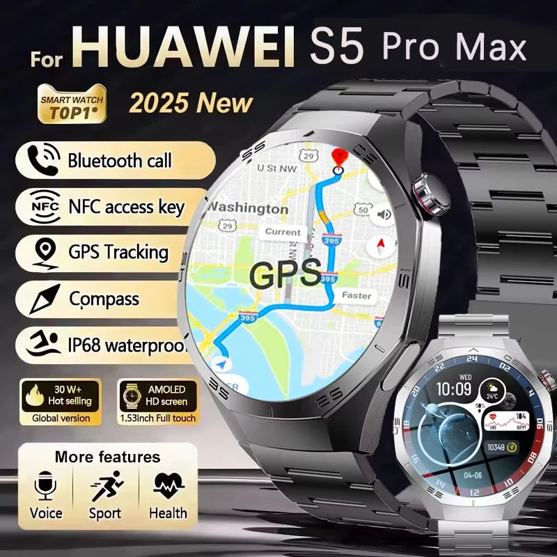 

New S5 SmartWatch GT4 Max Men AMOLED Screen Bluetooth call Heart rate Blood sleep monitor IP68 Waterproof Smartwatch For Huawei