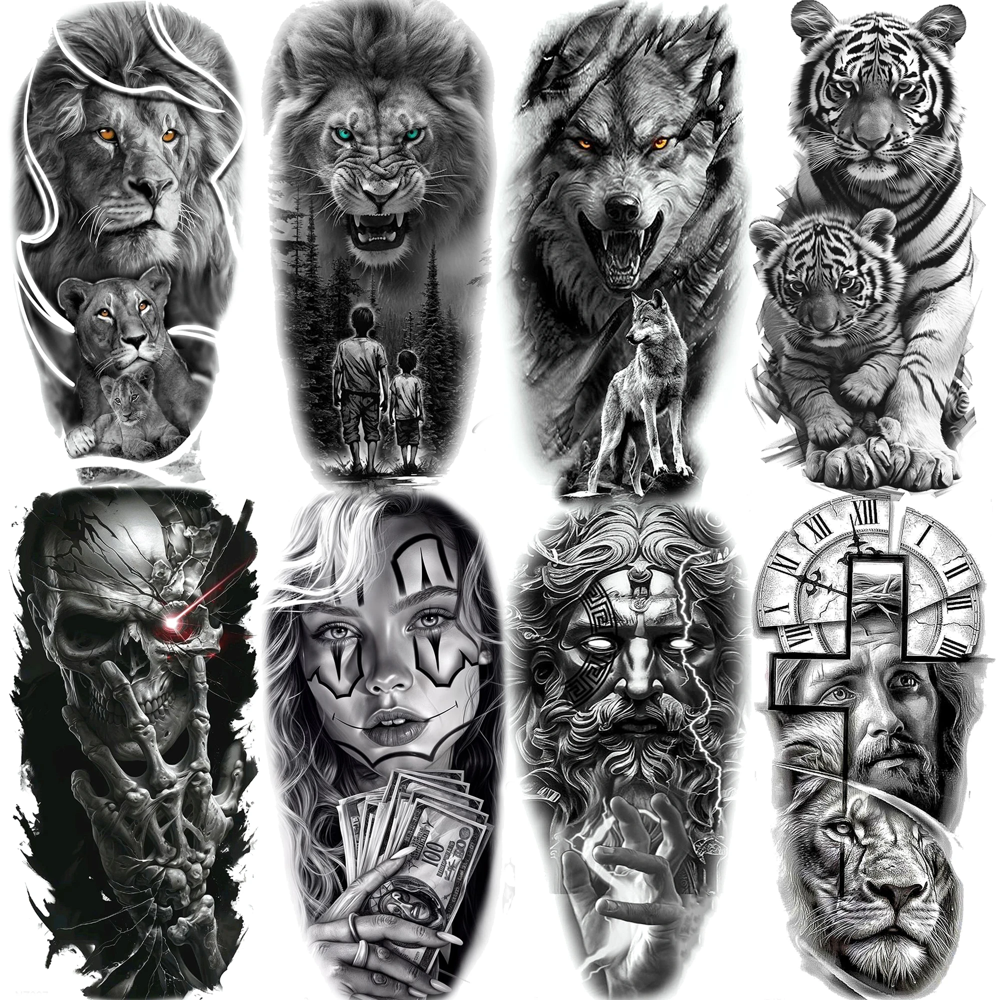 

1 Sheet Cool Lion Tiger Wolf Realistic Temporary Tattoos For Men Women Waterproof Fake Tattoos Zeus Jesus Sticker Long Lasting