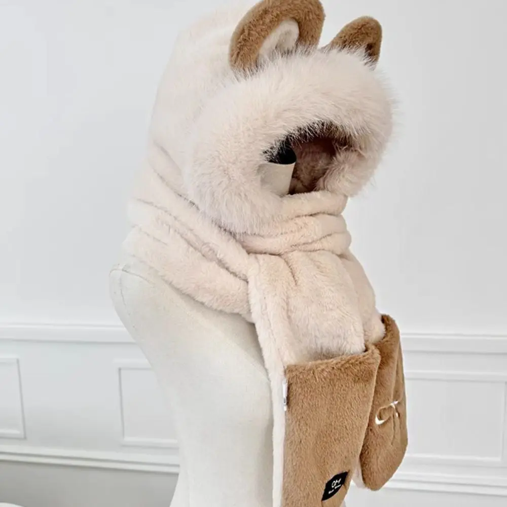 Fashion Cute Bear Ears Plush Hat Embroidery Bow Earmuff Scarf Hat Glove for Women Casual Ski Hat Furry Scarf Cap Set Riding