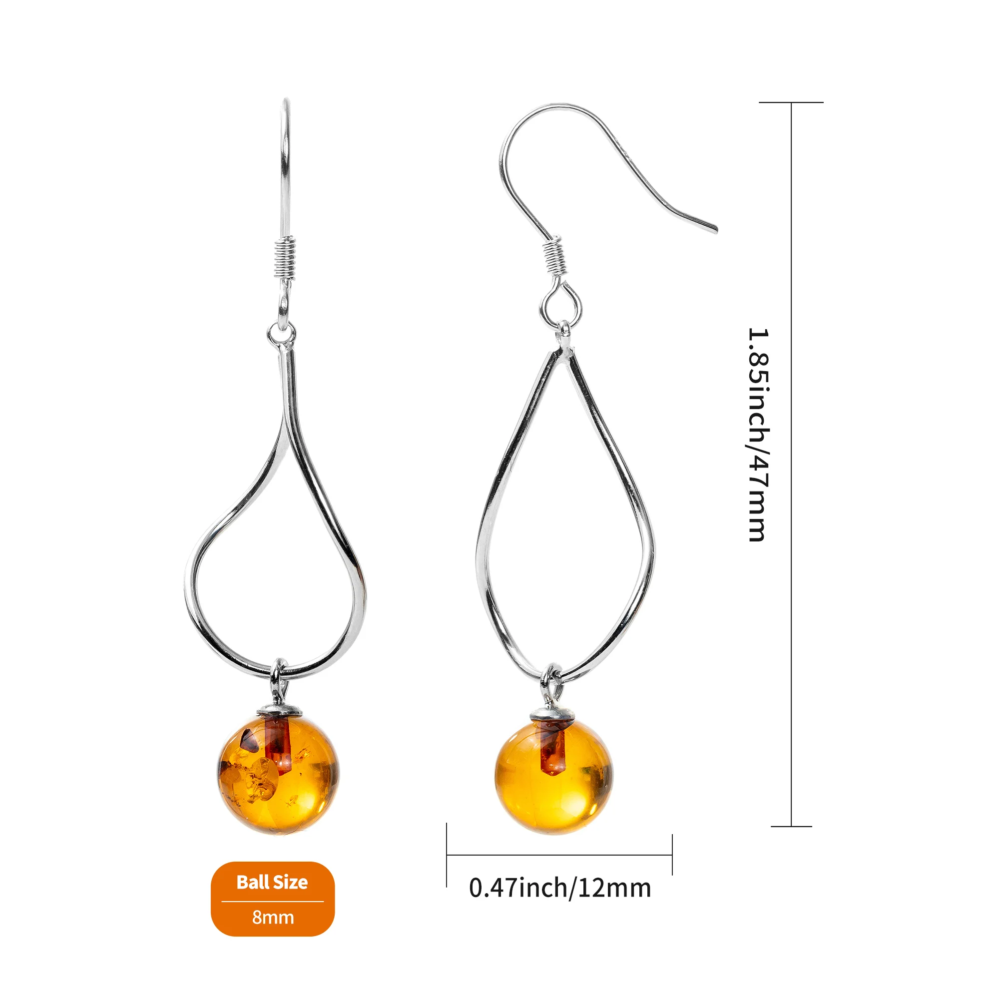 Baltic Round Amber 925 Sterling Silver Drop Dangle Earrings for Women - Fashion Natural Baltic Amber Stone Jewelry Wholesale