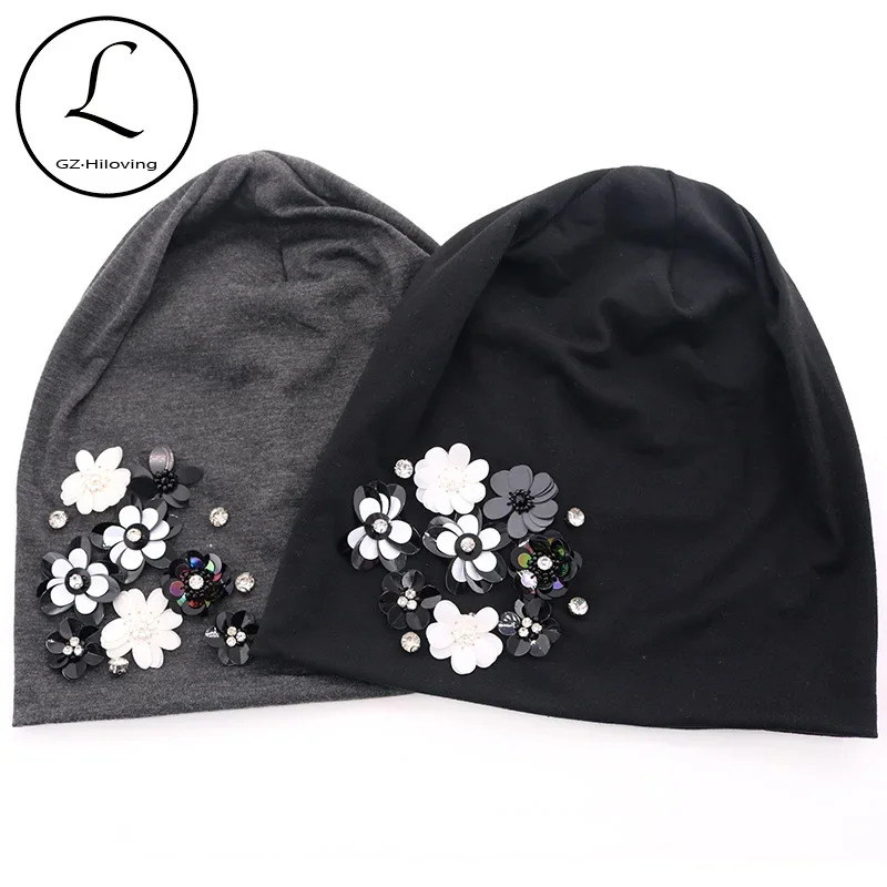 

GZhilovingL Women Flower hats 2020 New Spring Soft Ladies Beanies hat Winter Slouchy hats Black Baggy Gorro Girls hats whoelsale